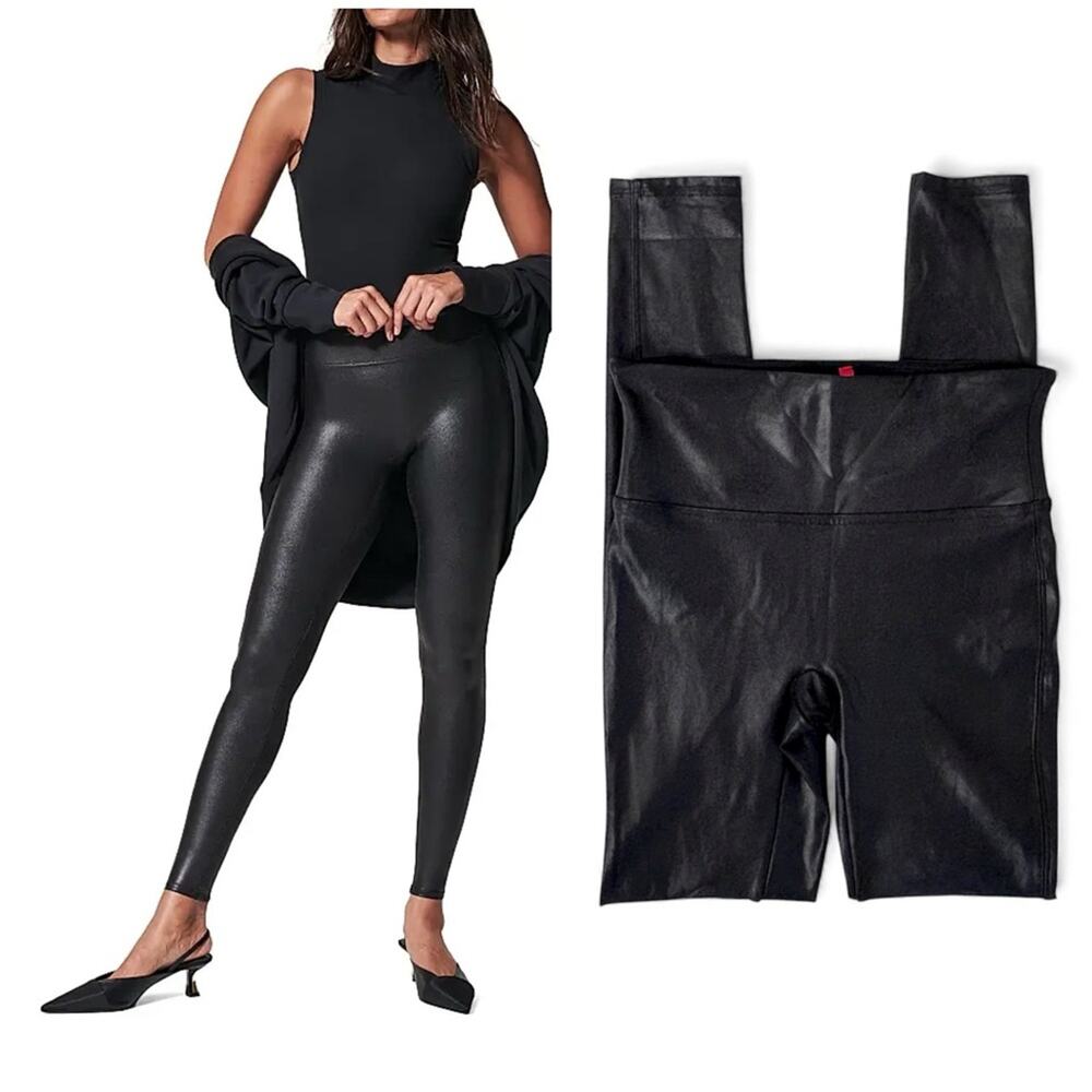 Spanx Faux Leather Black Leggings | Shaping High Rise 27” Inseam | Size Small